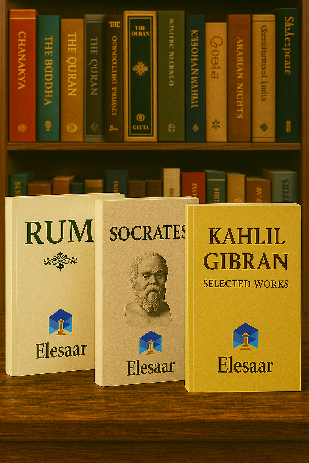 Elesaar books featuring Rumi, Socrates, and Gibran in the foreground, with a bookshelf of timeless thinkers and sacred texts in the background — elesaar.net Home.