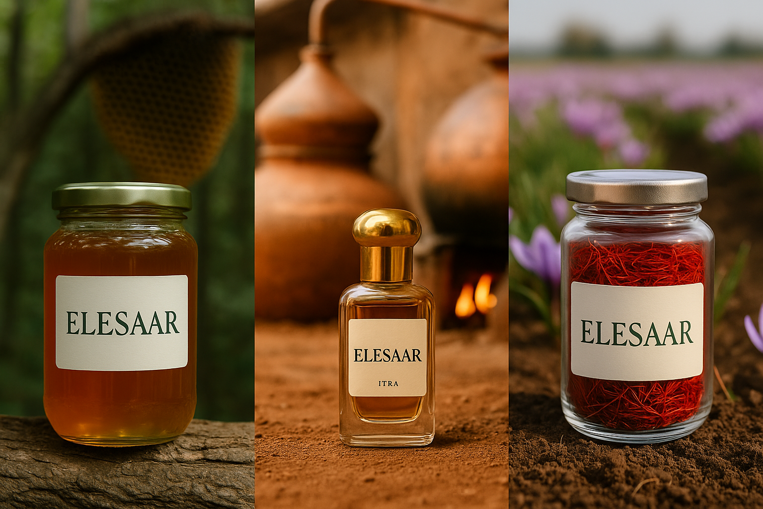 Elesaar bottles of honey, itra, and saffron placed against forest, Kannauj distillation, and saffron field backgrounds — symbolizing product purity and trust passed through generations.