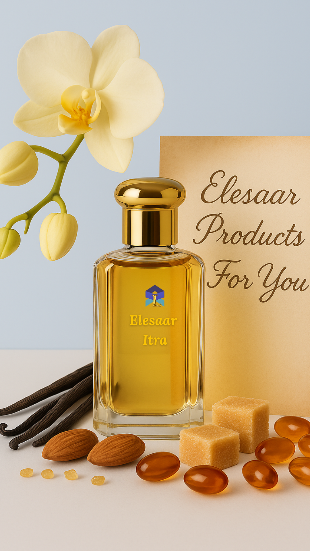 A golden itra (perfume) bottle with the Elesaar logo, surrounded by vanilla beans, almonds, sugar cubes, and amber capsules. A soft yellow orchid and parchment reading “Elesaar Products For You” complete the warm, elegant composition — elesaar.net Home