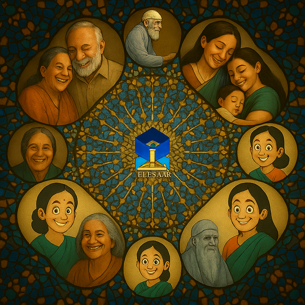 A kaleidoscope-inspired illustration with the Elesaar logo at the center, surrounded by warm portraits of Indian elders, a loving mother, Fariba Aunty, a serene Darvesh, and Muskaan smiling in multiple frames — forming a spiritual and emotional pattern of trust, care, and cosmic rhythm | Elesaar Muskaan