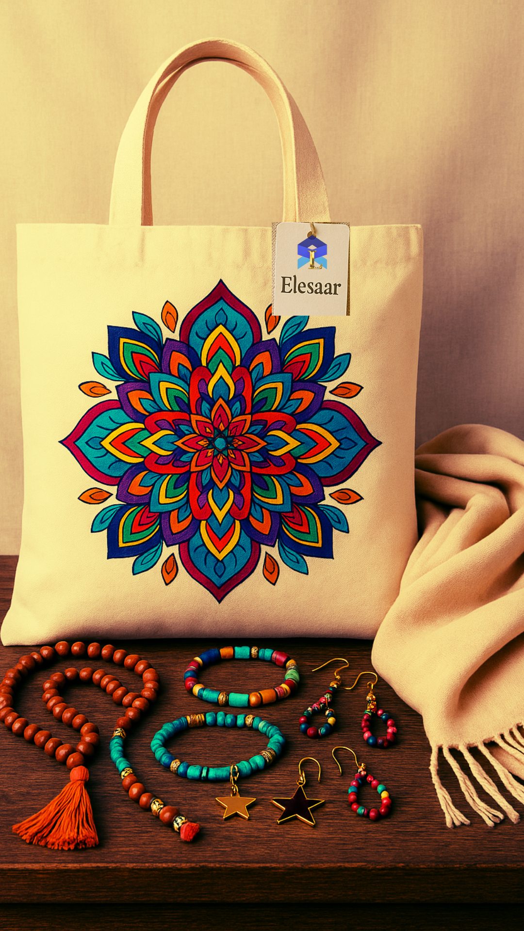 Elesaar-branded cream tote bag featuring a colorful kaleidoscope design, placed alongside a handcrafted Pashmina shawl and traditional bead jewelry on a dark wooden surface—elesaar.net Home