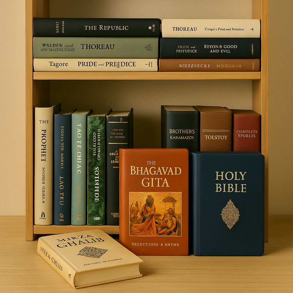 Wooden bookshelf with classic literary, philosophical, and spiritual books including Bhagavad Gita, Holy Bible, and Mirza Ghalib on a wooden table