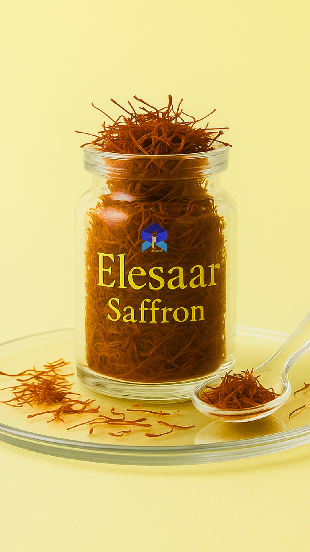 A small transparent glass jar filled with red saffron threads, labeled “Elesaar Saffron” in golden text. The jar is centered on a glass plate with a clear glass spoon holding saffron strands. Light reflects off the plate and threads, all set against a warm pastel background — elesaar.net Home