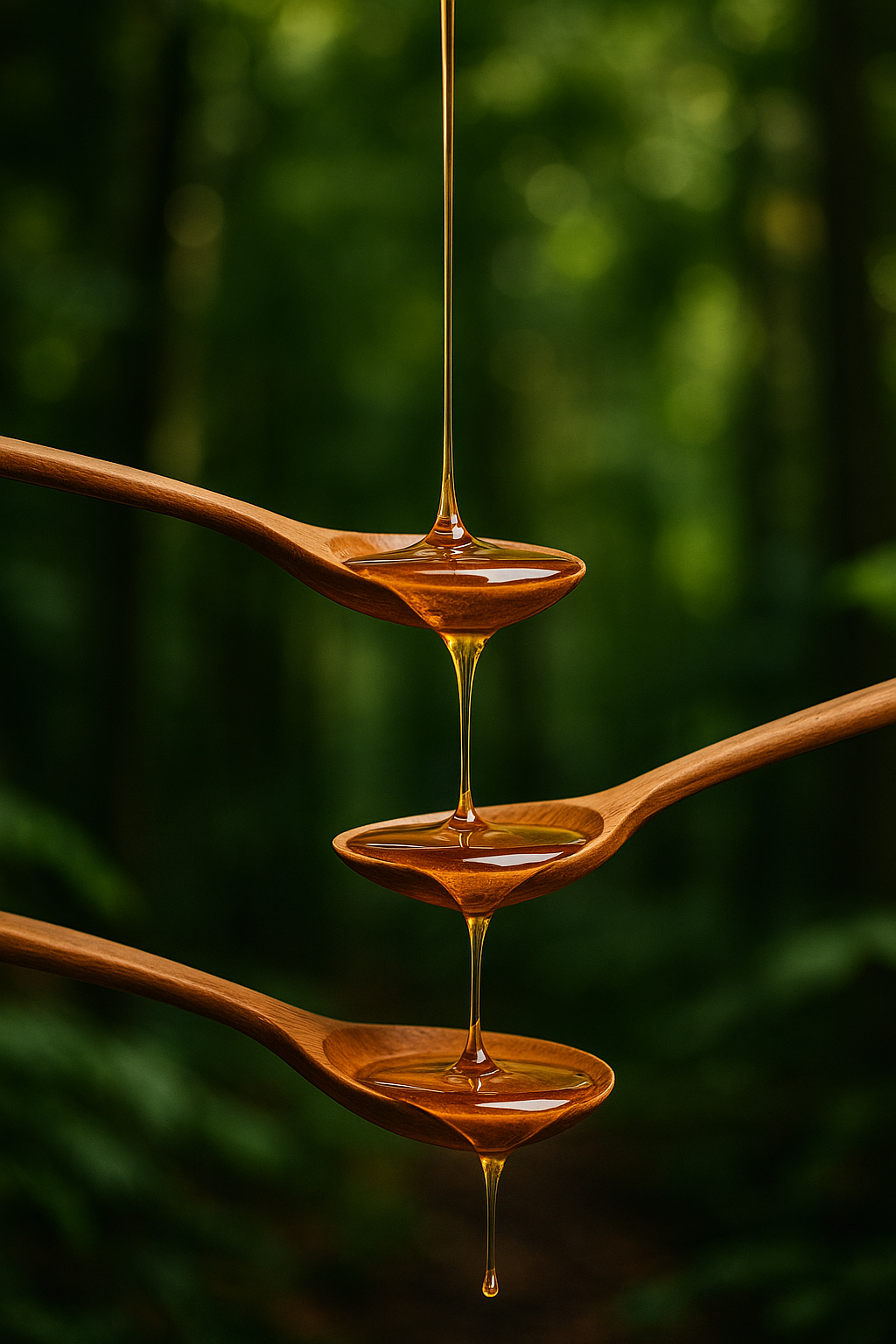 Golden forest honey dripping through stacked wooden spoons against a blurred green forest backdrop — elesaar.net Home