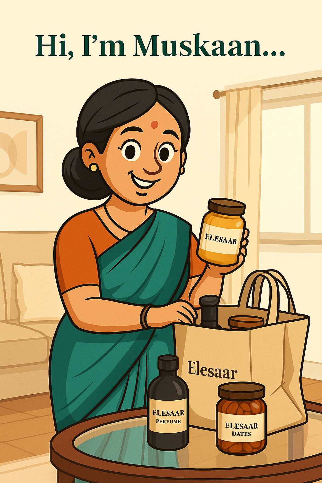 Muskaan, a cheerful Indian woman, stands in her living room with Elesaar’s natural products — including honey, saffron, perfume, and a branded paper bag on the center table — elesaar.net Home.