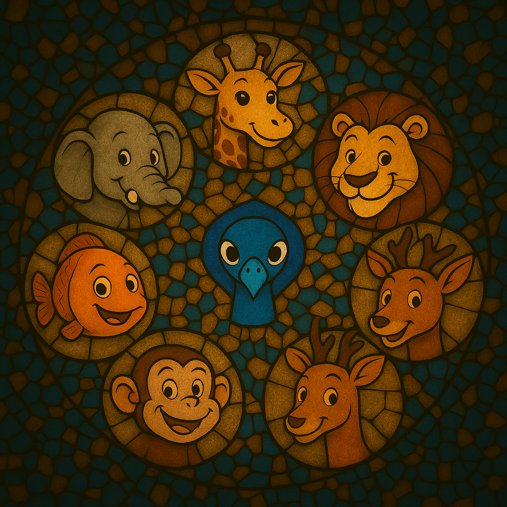 A kaleidoscope-style stained glass illustration showing cartoon animals — monkey, elephant, fish, lion, giraffe, and deer — all smiling in serene harmony around a peacock face designed in Elesaar’s blue color palette.