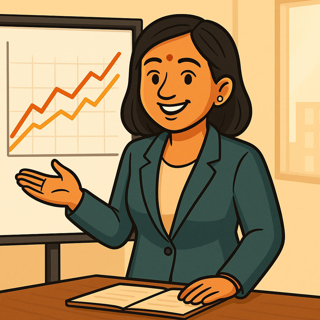 Muskaan in a corporate setting, presenting product insights with confidence — Elesaar’s AI-powered mascot.