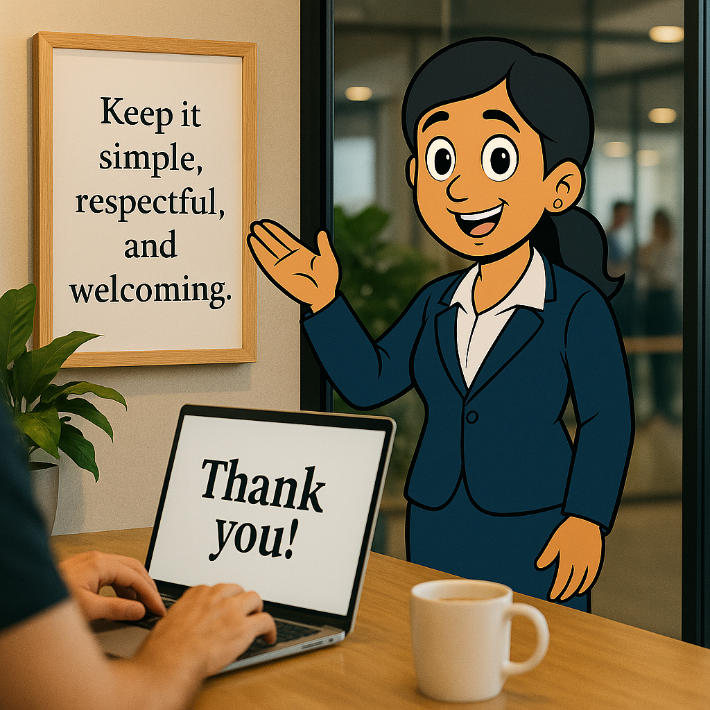 In this image on the Contact Us Page for elesaar.net we see Muskaan in a navy suit pointing to a whiteboard that says “Keep it simple, respectful, and welcoming” while someone types on a laptop in a warm, modern office