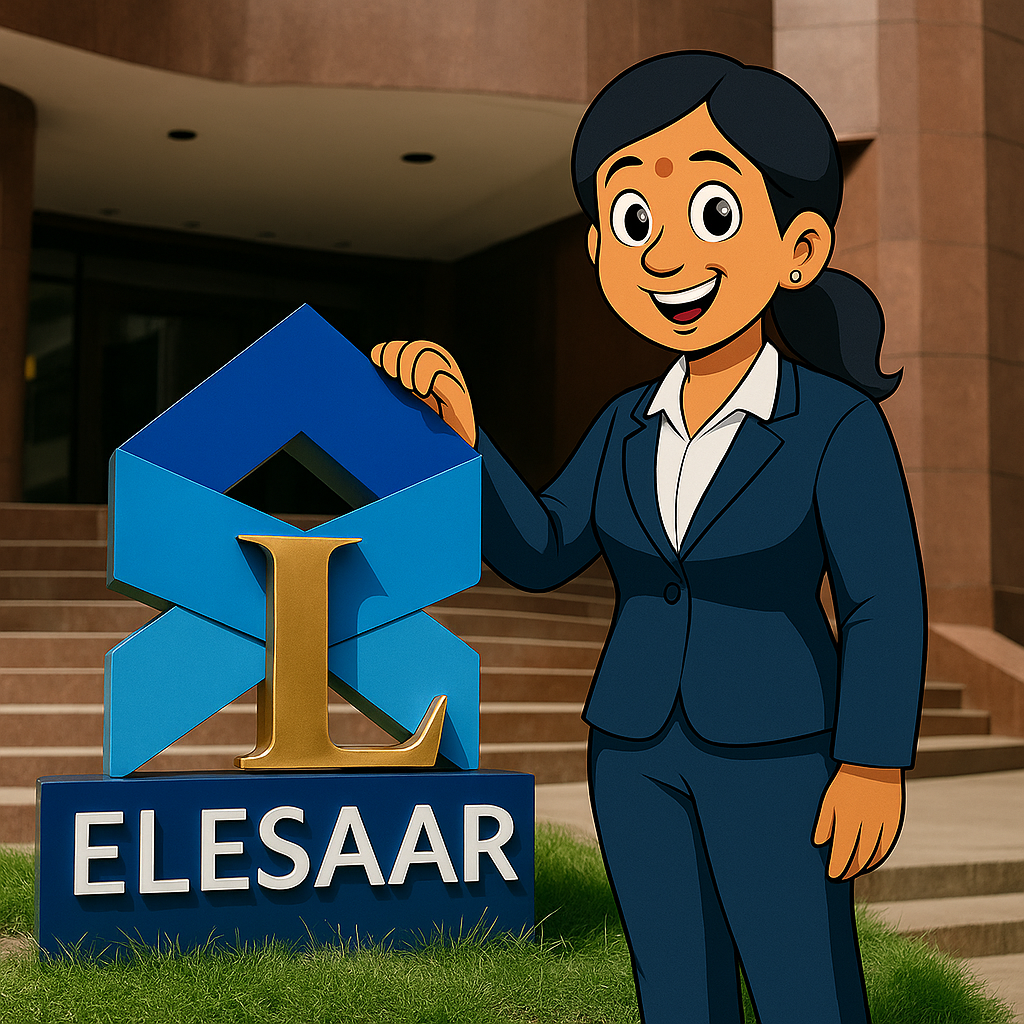 A cartoon-style Indian woman in formal attire stands beside the Elesaar logo in front of a modern building. Her calm confidence and warm smile reflect the values she has long embodied. This image captures Elesaar Muskaan — the human face of Elesaar.