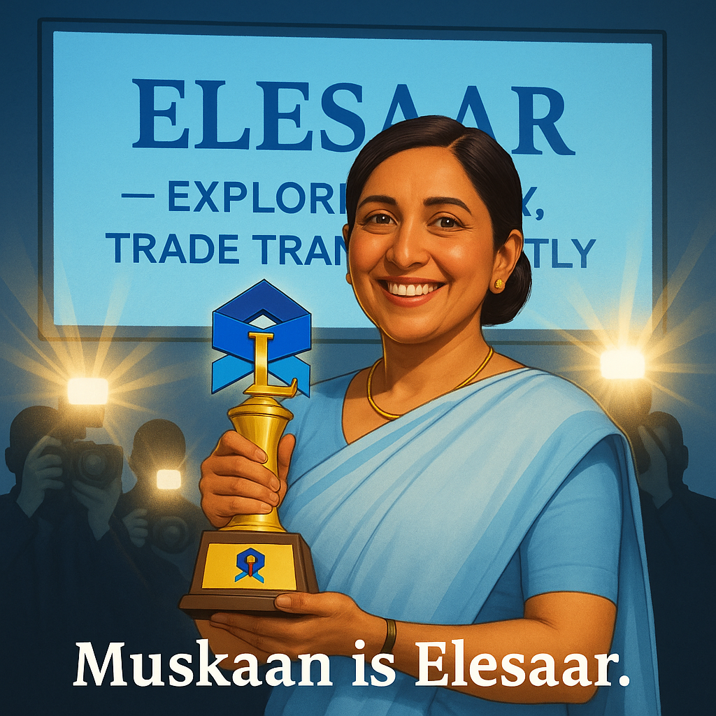 Muskaan in a light blue saree smiling as she holds the golden Elesaar trophy on stage, with photographers flashing in the background and the words “Explore Freely, Trade Transparently” on the screen behind her