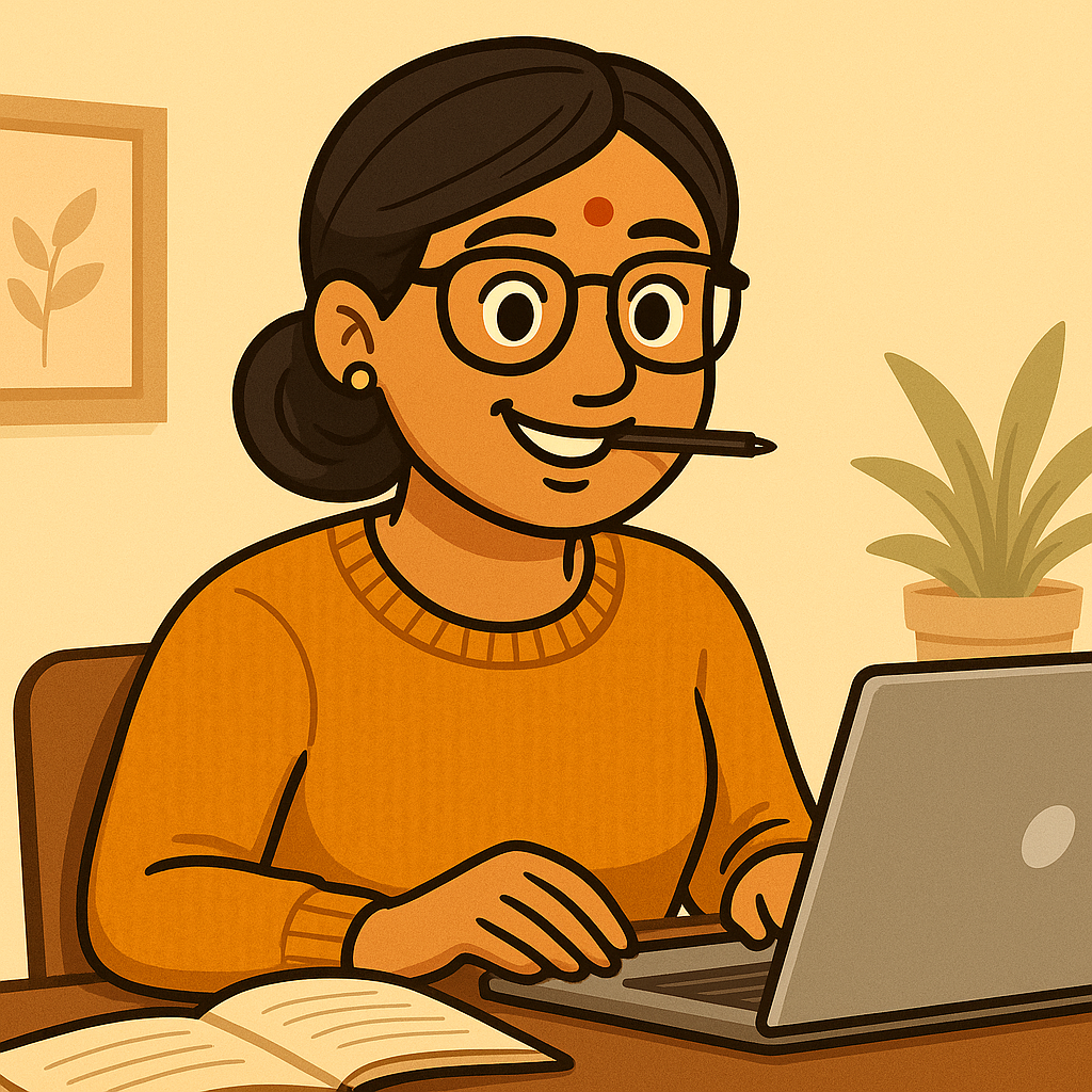 Indian woman in yellow sweater with glasses reviewing Elesaar products at home using laptop and notebook