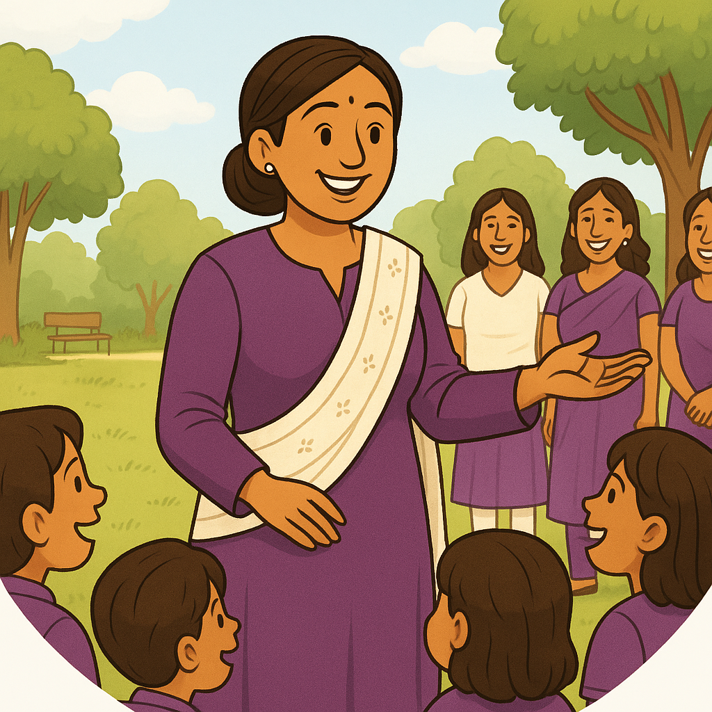 An Indian woman in purple salwar with white dupatta leading a joyful community storytelling session in a park with women and children.