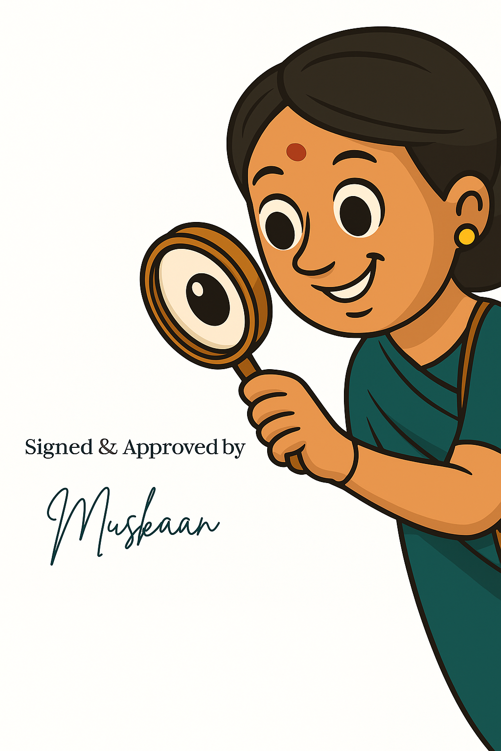 Illustration of Muskaan holding a magnifying glass with the words "Signed & Approved by Muskaan" — symbolizing Elesaar’s quiet, honest product filter.
