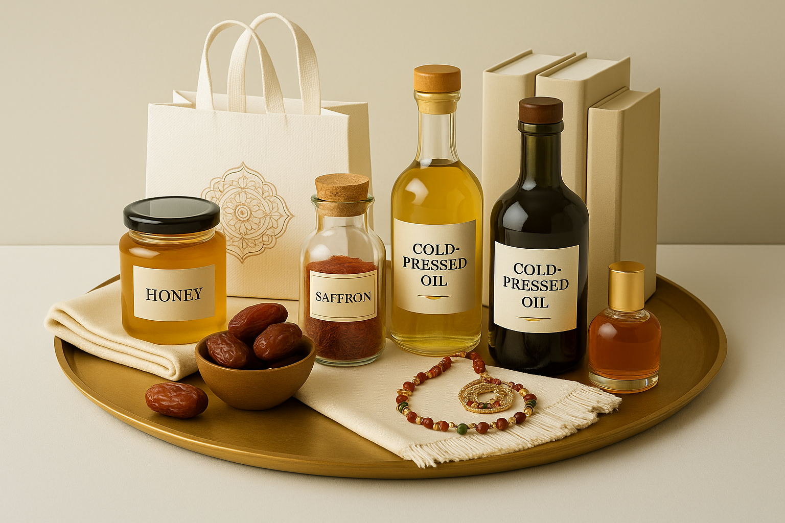 A curated collection of natural products including honey, saffron, cold-pressed oils, handmade itra, dates, pashmina, books, tote bags, and handmade Indian bead jewelry, arranged on a golden tray in soft daylight. elesaar.net , home page, Image 1