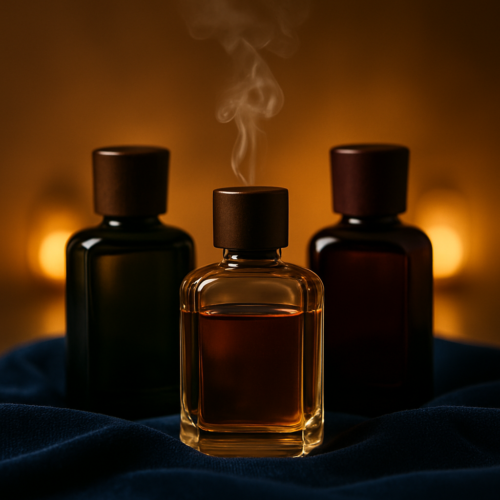 Three perfume bottles placed on dark blue velvet with warm glowing lantern lights in the background | Our Selection Page on Elesaar.net