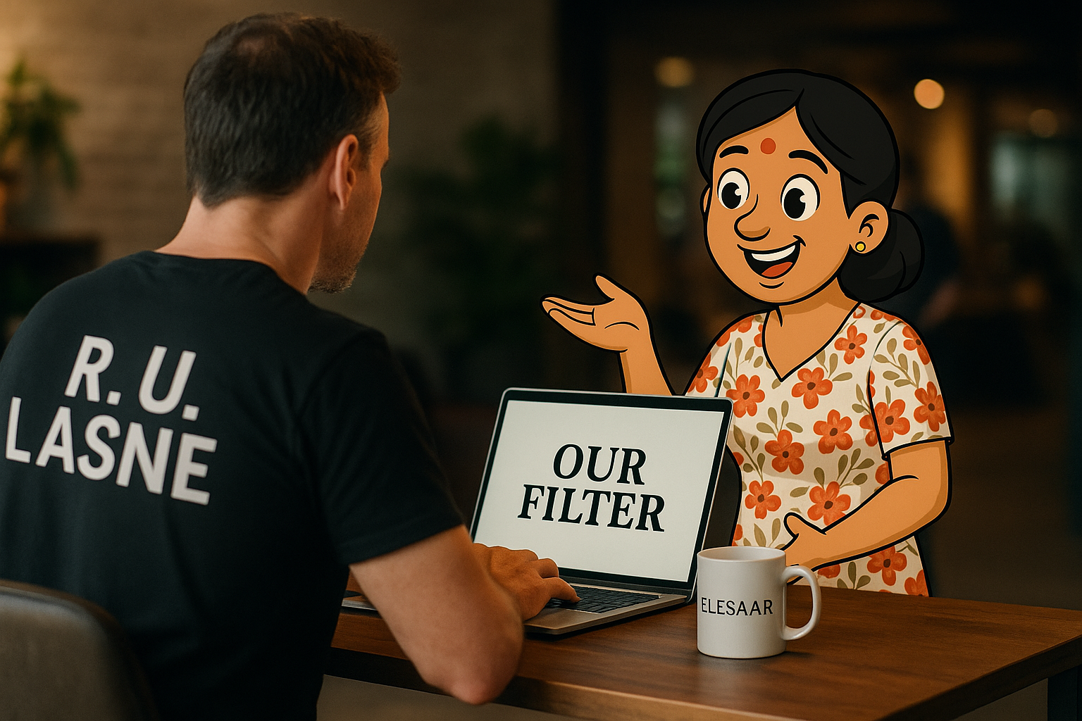 R. U. Lasne is seated at a desk with Muskaan, the Elesaar mascot, standing in front of him across the table in a floral dress, as they creatively collaborate on the 'Our Filter' screen.