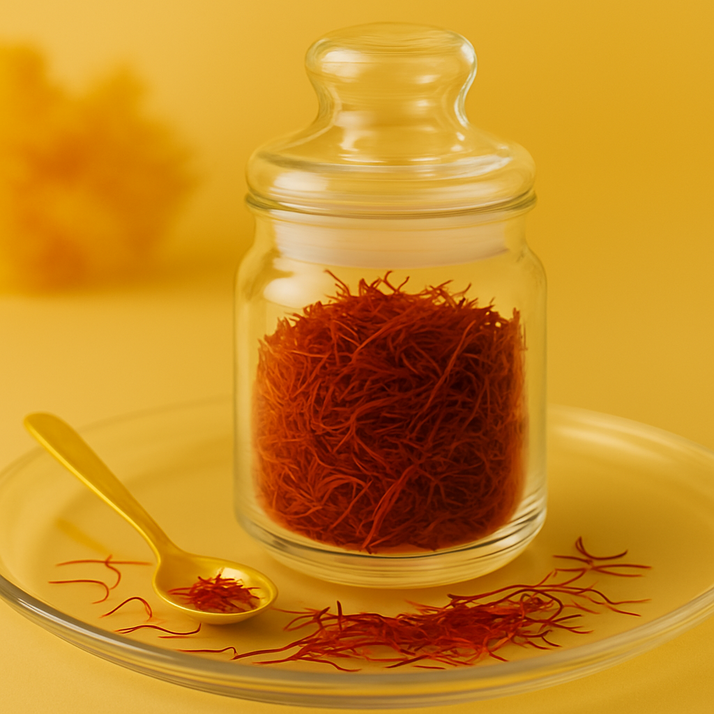 Glass jar of Elesaar saffron with golden spoon on glass plate, set against warm yellow background on 'Our Selection Page.'