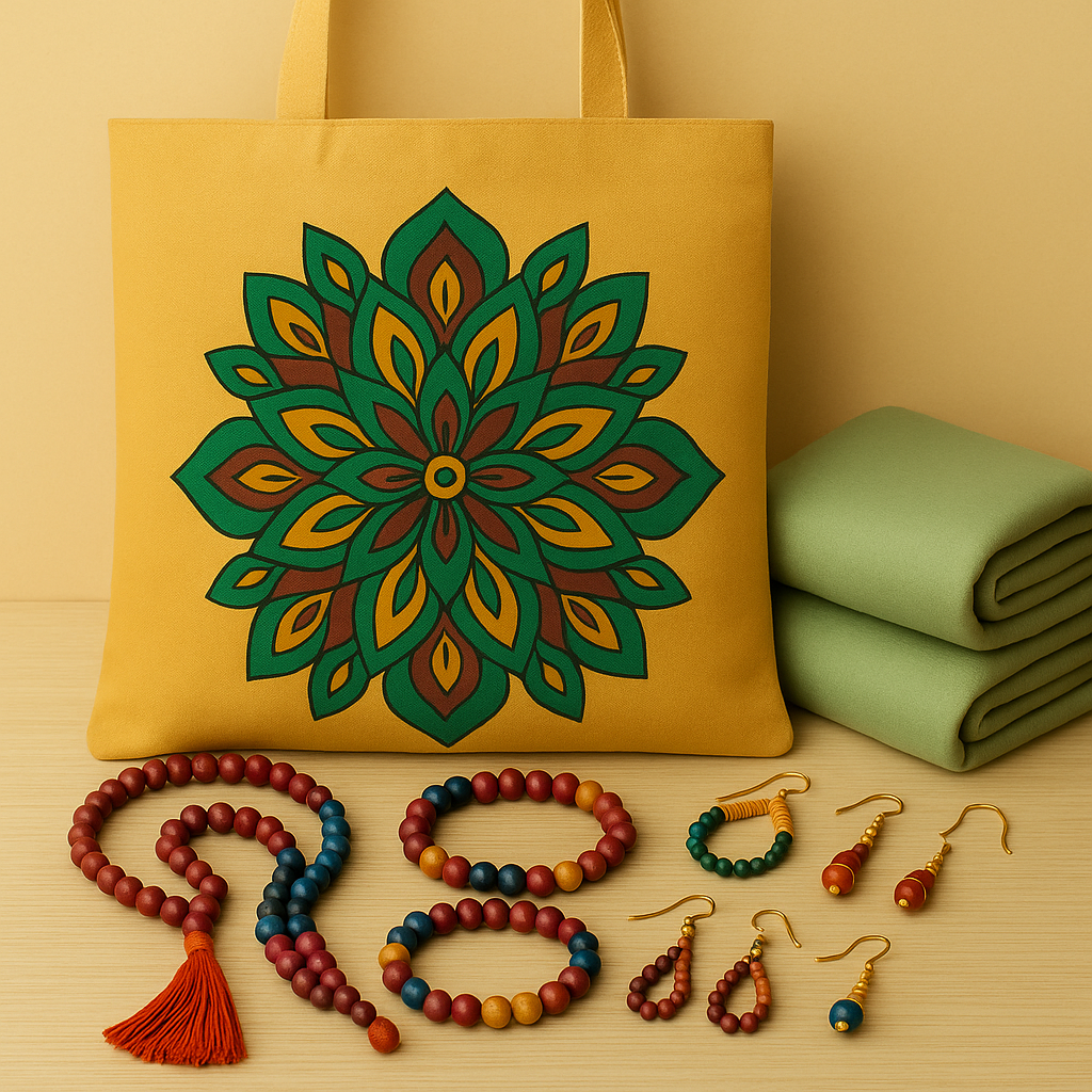 Mustard-colored tote bag with mandala design, sage green folded shawls, and handmade beaded jewelry on light wood surface